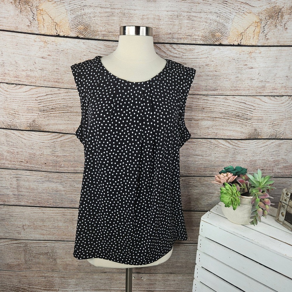 5/$25 Karl Lagerfeld Paris Polka Dot Sleeveless‎ Blouse Top Keyhole Black XL